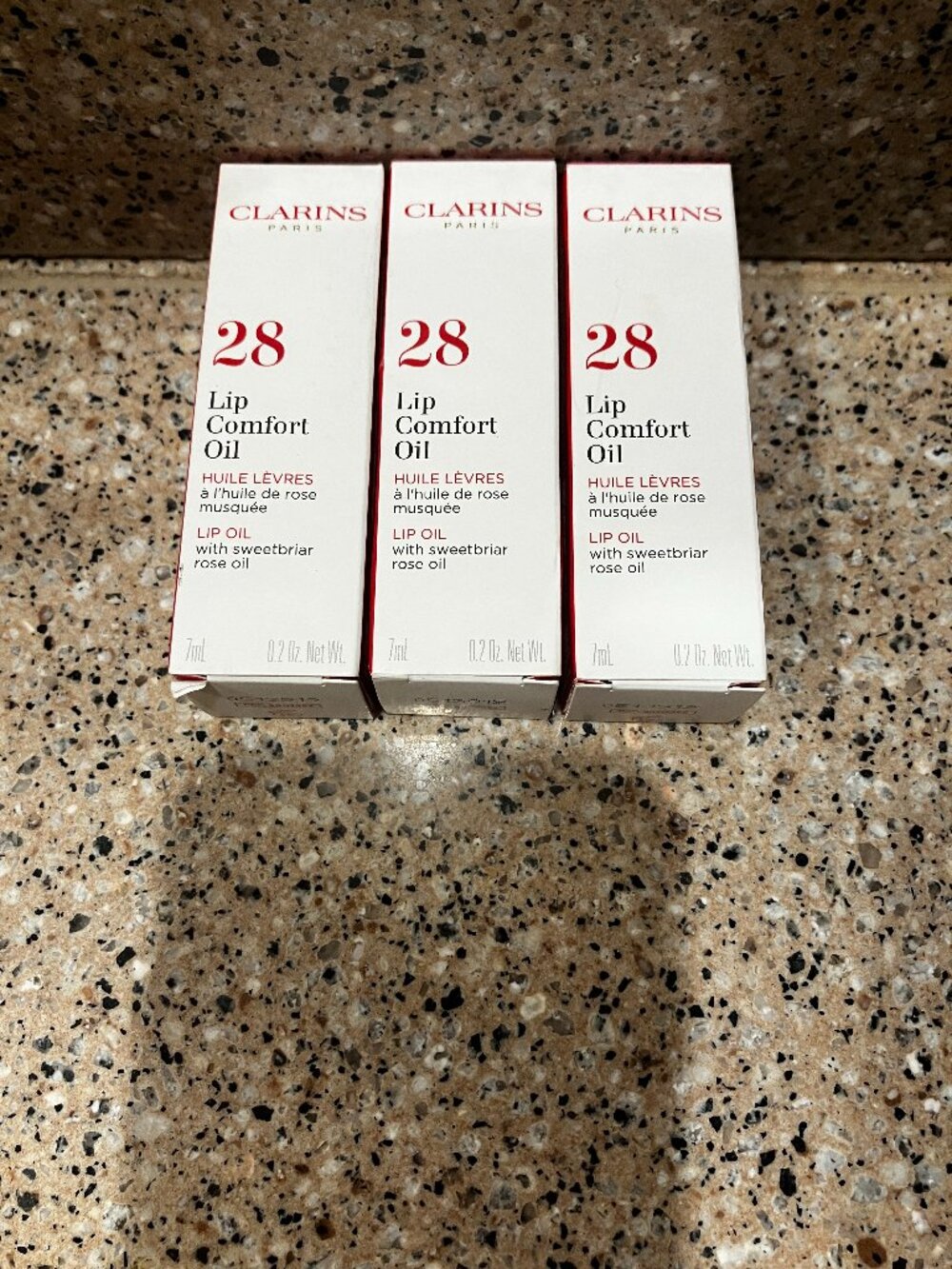 Clarins Set of 3 Lip Comfort Oils #28 Rosy Grace  ! NEW IN BOX